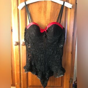 Vintage Flora (Nikrooz) Black Thong Lace Bodysuit Teddy, Size Large